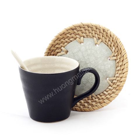 Pottery textured Mug with design rattan dish 