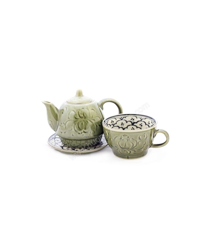 Pair Teapot & Cups floral lotus