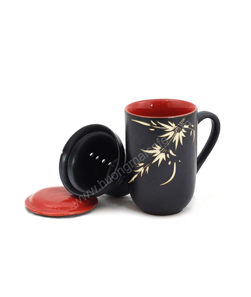 Mug Tea & Filter Set - Black Red Bamboo Flowers