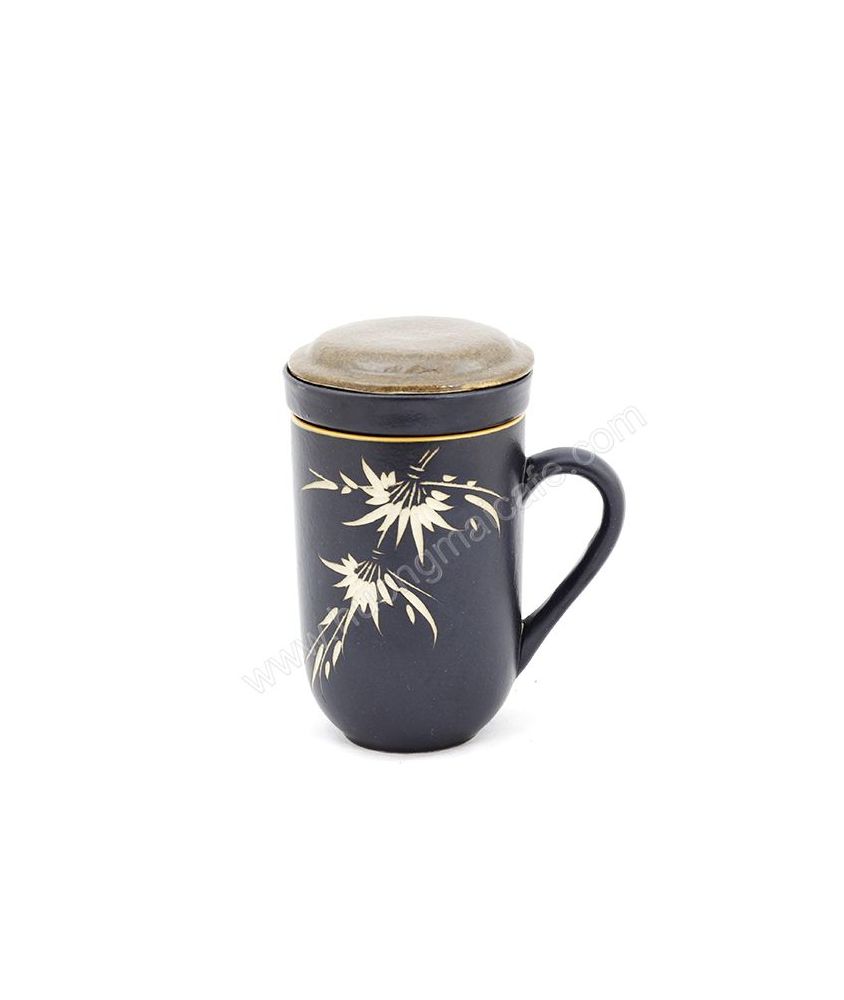 Mug Tea & Filter Set - Black Brown Bamboo Flowers