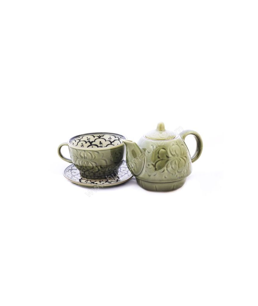 Pair Teapot & Cups floral lotus