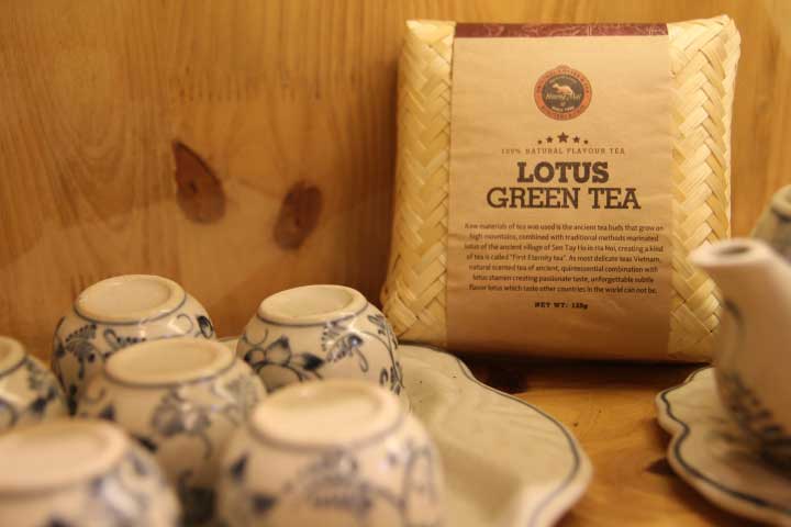 Lotus tea in Huongmai Cafe is manually scented with Lotus blossoms from Hanoi West Lake